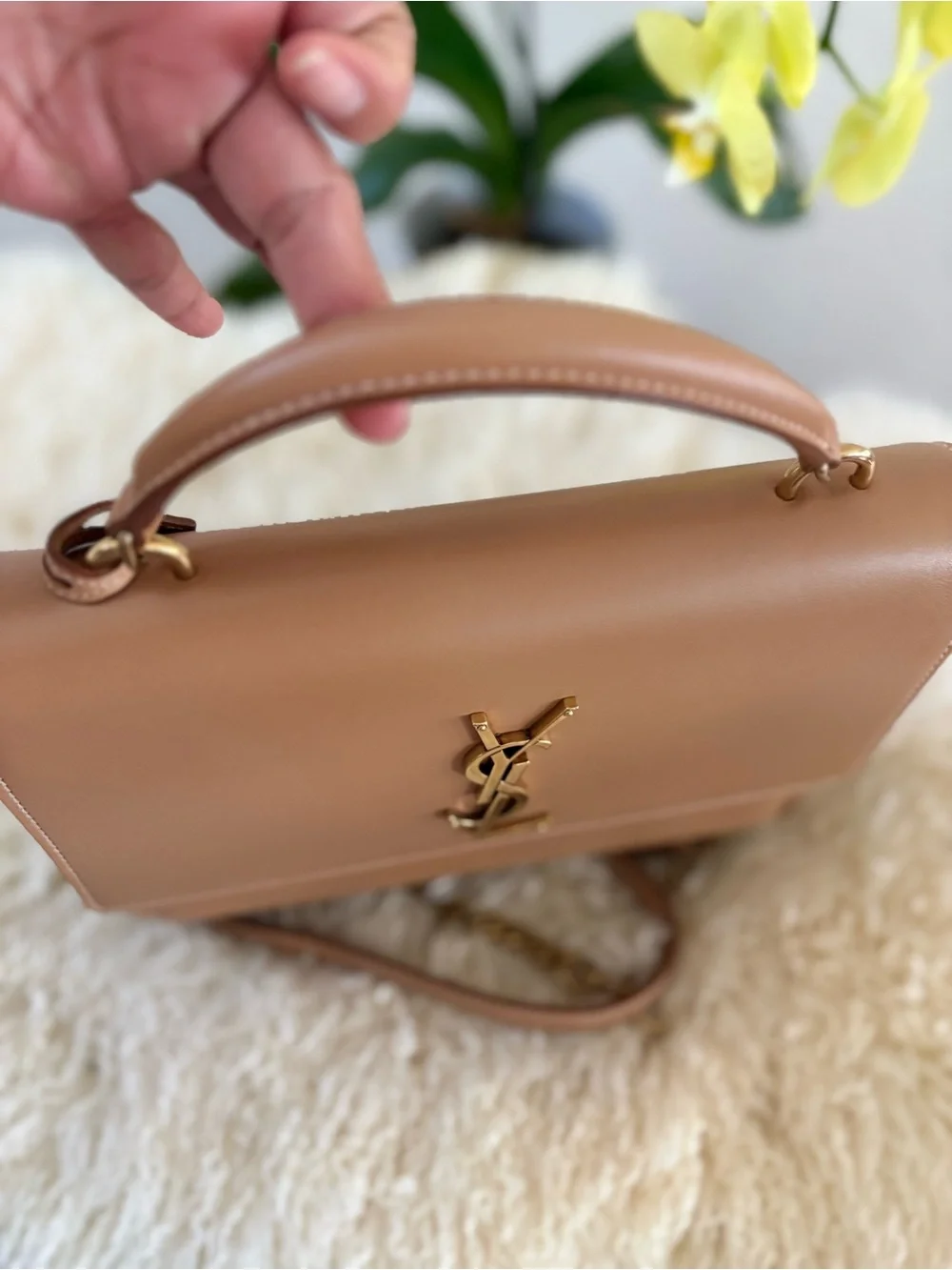 Saint Laurent Smooth Calfskin Medium Monogram Sunset Satchel Natural Tan